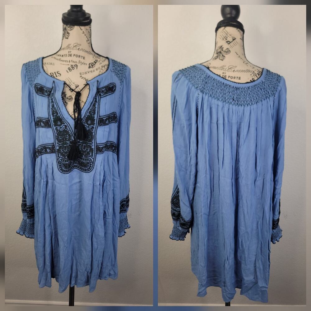 Free People Wind Willow Embroidered Mini Dress Blue Black Tassel Boho Size L